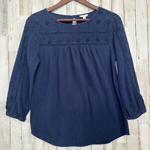 NWOT Sonoma Life Style Blouse Small Navy Lace Boho Cottagecore Flowy 100 Cotton
